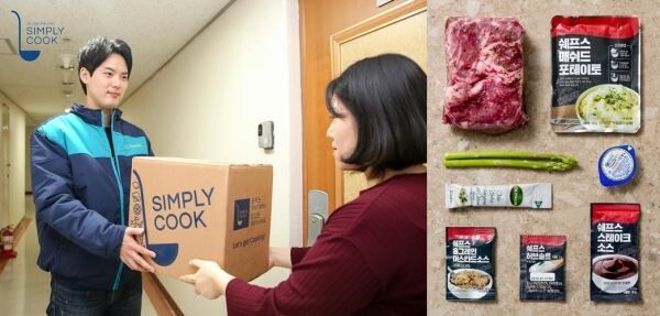 ▲(사진에서 왼쪽) GS fresh 심플리쿡 제품을 고객이 직접 수령하는 모습, (오른쪽) 이마트의 와규스테이크 밀키트 구성(예시). [사진=GS리테일, SSG.COM]