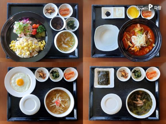충북 진천의 골프존카운티 화랑은 기존 가격의 절반 가격인 7000원짜리 신메뉴를 출시했다. (왼쪽 위부터 시계 방향으로) 이번에 선보이게 된 볶음밥, 짬뽕, 미역국, 배춧국.[사진제공=골프존카운티]