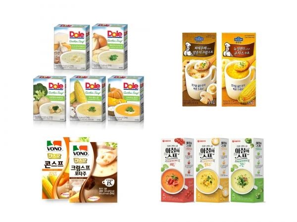 ▲(사진 왼쪽부터 시계방향으로) 가든스프, 보노스프, 아침에스프, 폰타나. [사진=DOLE(돌), 농심, 서울우유협동조합, 폰타나]