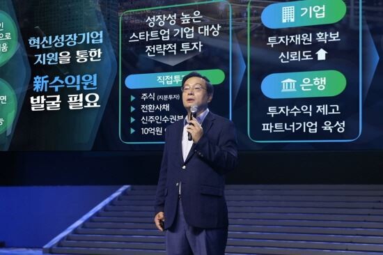 손태승 우리은행장이 지난 7월 ‘2018년 하반기 우리은행 경영전략회의’에서 혁신성장기업 육성정책을 발표하고 있다[사진 = 우리은행]