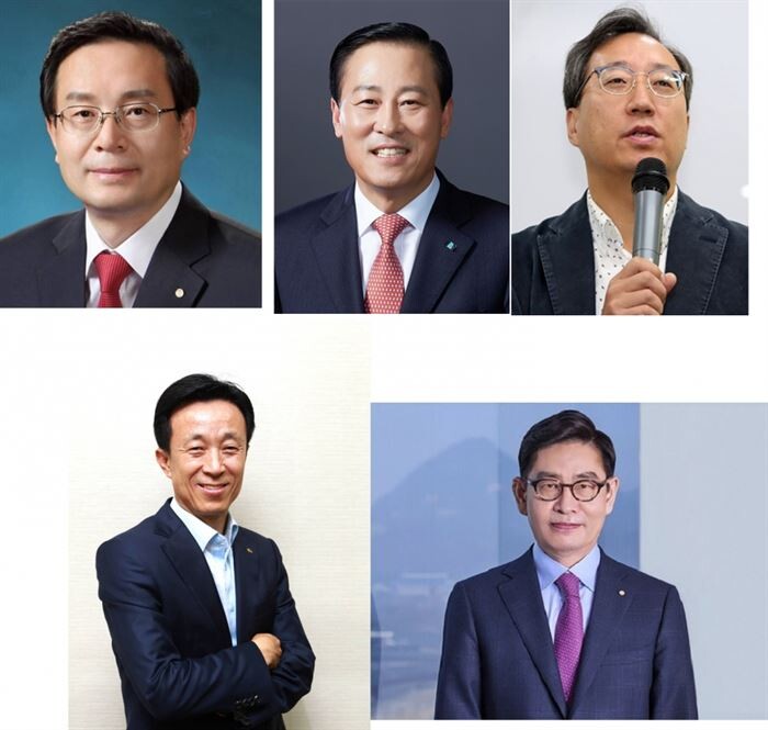 왼쪽부터 손태승 우리은행장, 김도진 기업은행장, 윤호영 카카오뱅크 대표, 정원재 우리카드 사장, 김덕수 여신금융협회장.[사진 = 각 사]