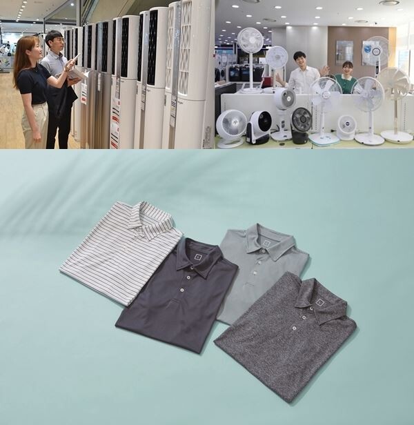 ▲(사진 왼쪽상단부터 시계방향으로) 전자랜드의 에어컨, 롯데하이마트의 여름가전, 이마트 데이즈의 쿨비즈 의류. [사진=각사 취합]