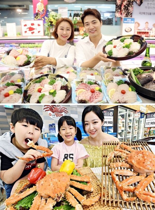 ▲(사진에서 상단)이마트의 민어회, 홈플러스의 킹크랩. [사진=각 사]