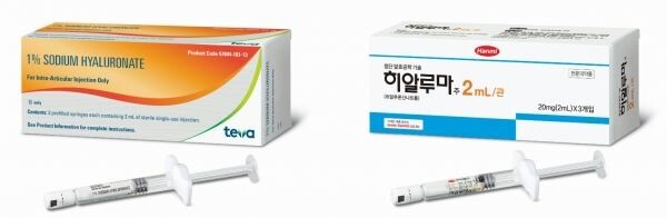 ▲미국(좌)과 한국에서 판매되는 히알루마 패키지. [사진=한미약품]