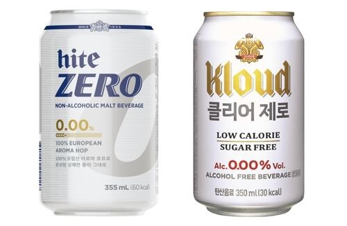 ▲하이트의 무알콜맥주 하이트제로0.00(사진에서 왼쪽) 롯데주류의 무알콜맥주 클라우드 클리어제로. [사진=각 사]