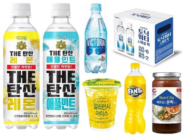 사진 왼쪽부터 코카-콜라사 ‘씨그램 THE탄산’, 웅진식품 ‘빅토리아’, 하이트진로음료 ‘쏘토닉’,청정원 ‘베트남 소스2종’, 코카-콜라사 ‘환타’, CU ‘깔라만시 아이스컵’