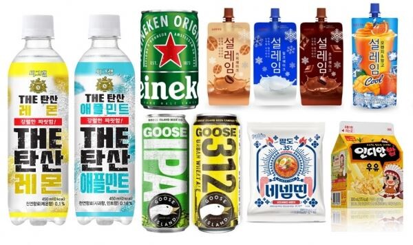 사진 왼쪽부터 코카-콜라사 ‘씨그램 THE탄산’, 하이네켄 미니캔, 롯데제과 ‘설레임’ 푸르밀 ‘인디안밥 우유’, 팔도 ‘네넴띤’, 구스아일랜드 ‘구스 IPA와 312 어반 위트 에일’