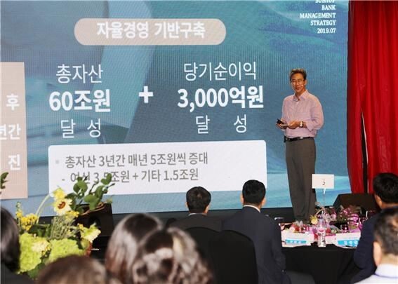 이동빈 은행장은 지난 26일 개최한  ‘2019년 하반기 전국영업점장 경영전략회의’에서 “그동안 쌓아온 자율·책임경영 기반을 바탕으로 향후 3년간 매년 5조원씩 자산을 증대해 2022년에는 총자산 60조원,당기순이익 3천억원을 달성하고 우리의 비전인 ‘중견은행 일등은행’을 반드시 실현하자”고 강조했다. [사진제공=수협은행]