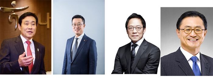 ]왼쪽부터]김정태 하나금융그룹 회장, 정문국 오렌지라이프 사장, 정태영 현대카드 부회장, 유상호 한국투자증권 부회장.
