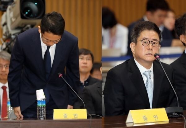 ▲(사진에서 왼쪽)최창원 전 SK케미칼 대표이사와 채동석 애경산업 대표이사 부회장이 사과인사와 사과발언을 하고 있다. [사진=연합]
