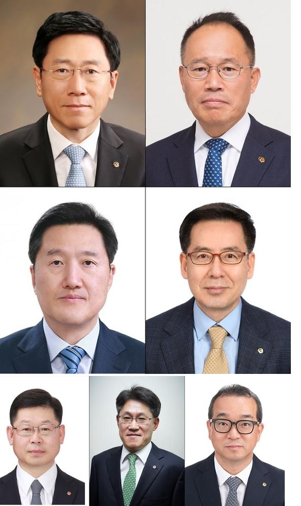 왼쪽 상단부터 시계 방향으로 김연철 신임 한화시스템 대표이사, 옥경석 신임 한화 기계부문 대표이사, 이기남 신임 한화정밀기계 대표이사, 안순홍 한화테크윈 대표이사, 이구영 신임 한화케미칼 대표이사, 류두형 신임 한화첨단소재 대표이사, 정인섭 신임 한화에너지 대표이사[사진제공=한화]