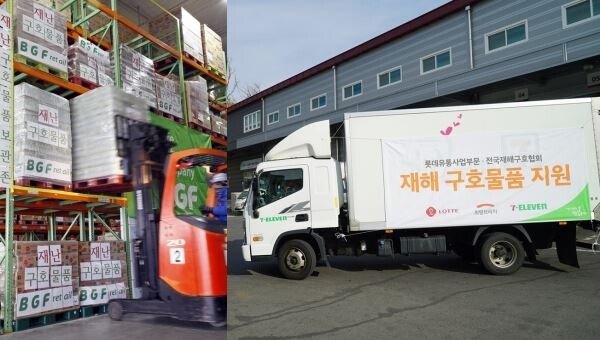 ▲편의점업계가 태풍 미탁 피해가 발생한 경북 영덕과 울진에 빠른 긴급구호 물품전달을 마쳤다. 사진은 각 사에서 구호물품을 배송하는 모습. [사진=BGF리테일, 세븐일레븐]
