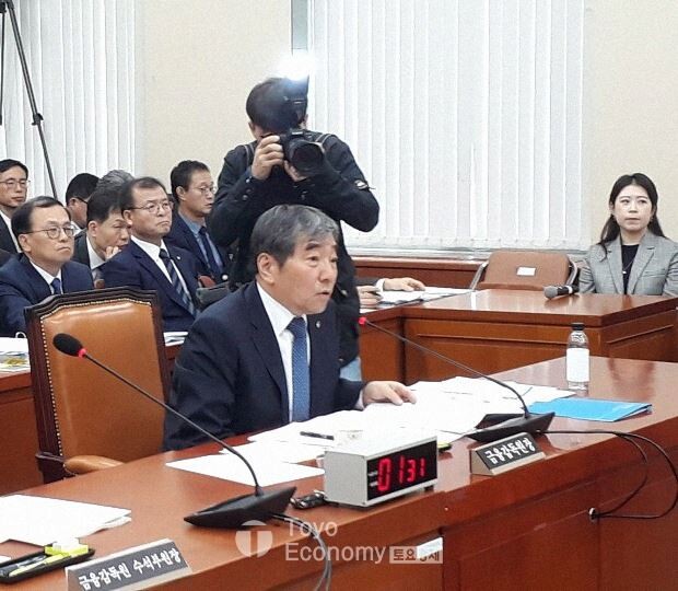 윤석헌 금감원장이 8일 국회 정무위 국정감사에서 답변하고 있다.[사진 = 문혜원 기자]